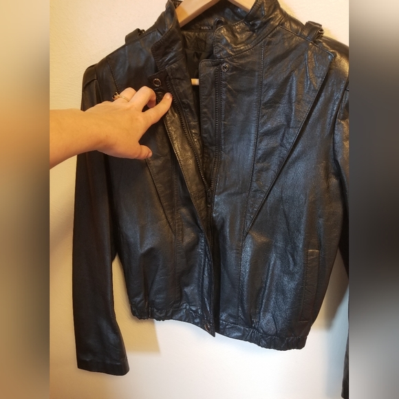 80s Wilson's Suede & Leather Black Cafe Racer Leather Crop Jacket - Picture 5 of 10